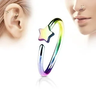 Hoop Nose Ring W/ Star Top In IP Titanium Colours - Image 4