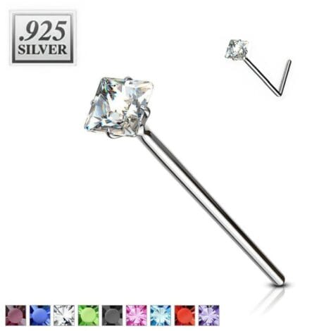 .925 Sterling Silver 20G Bendable Fishtail Nose Pin w/ Square CZ