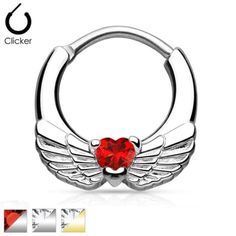 Septum Clicker Round Hinged Ring with Wings and CZ Heart