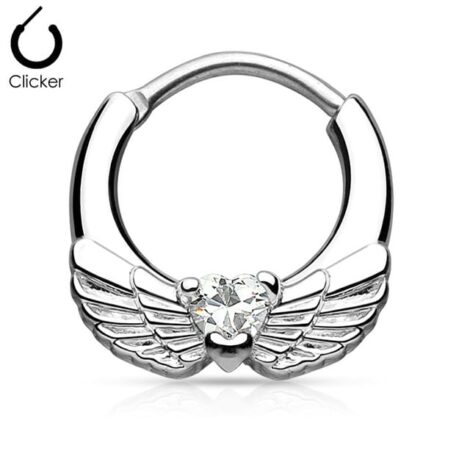 Septum Round Hinged Clicker Ring with Wings and CZ Heart - Image 3