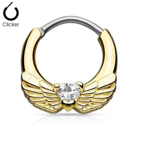 Septum Round Hinged Clicker Ring with Wings and CZ Heart - Image 2