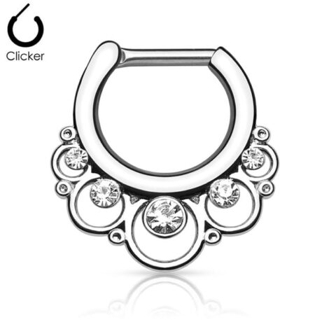 Septum Clicker Round Bar Floral Loops Set with Gems Nose Ring - Image 2