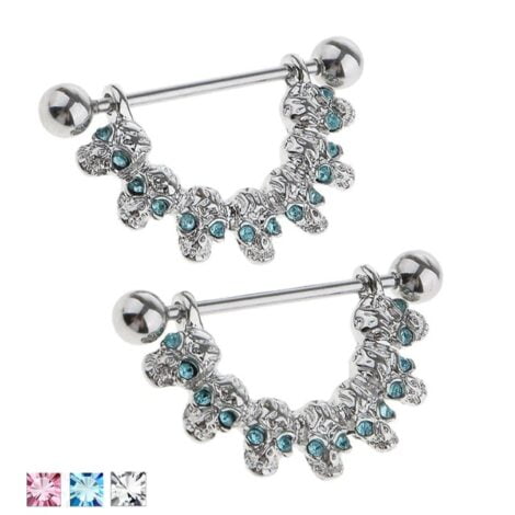 Crystal Set Linked Skull Shield Nipple Ring Pairs