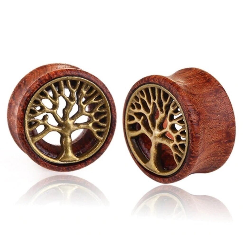 Organic Wood Tunnels Pairs with Golden Tree Of Life Inlay