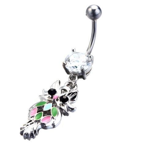 Dangling Enamel Owl Belly Ring with 8mm Prong Set CZ