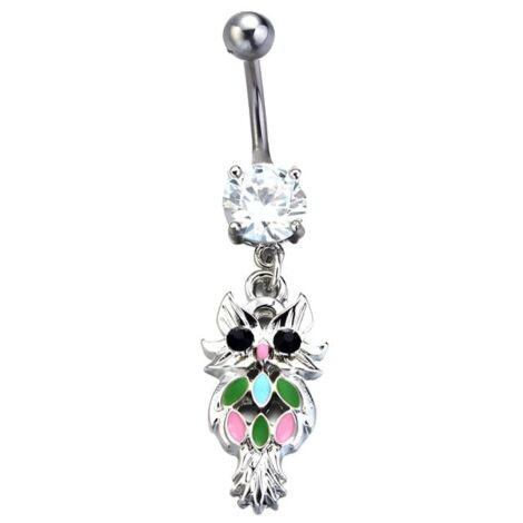 Dangling Enamel Owl Belly Ring with 8mm Prong Set CZ - Image 2