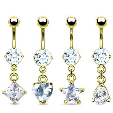 14KT Gold Plated Navel Belly Ring with Clear CZ Dangles