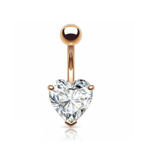 7mm Prong Set CZ Heart Belly Ring In Rose Gold Ion Plating