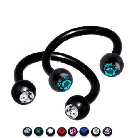 Horseshoe Circular Barbell Black With Gem Set Balls