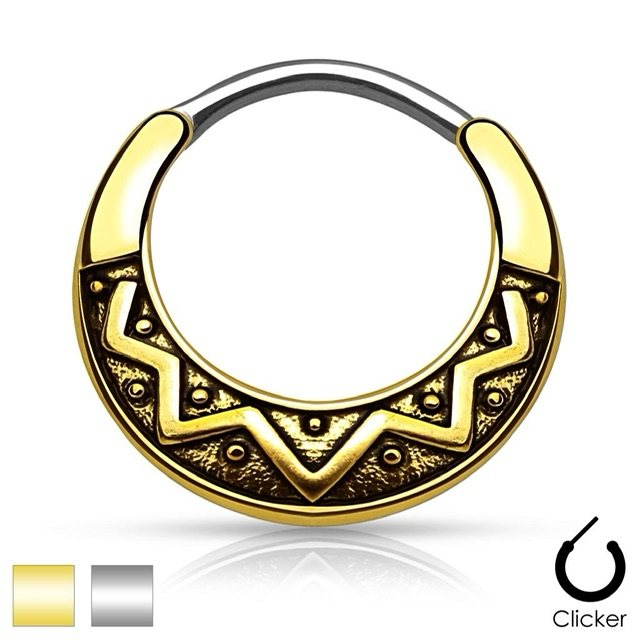 Septum Daith Round Hinged Clicker with Tribal Wave in Gold IP