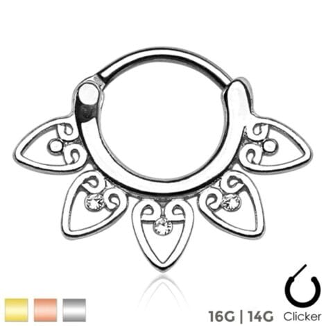 Septum Daith Clicker Round Hinged, CZ Tribal Flower Nose Ring