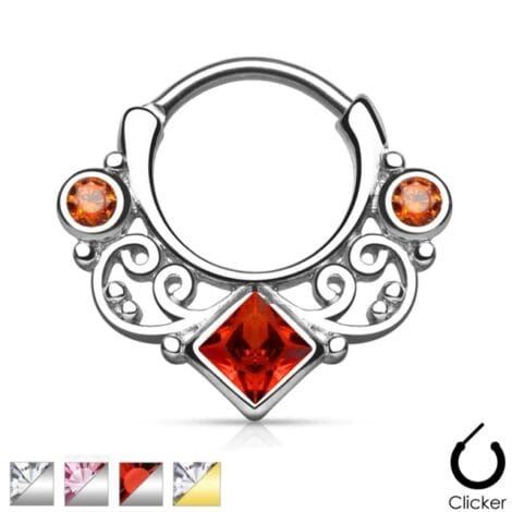 Septum Clicker Round Hinged Ring with Lace Swirl with Square CZ