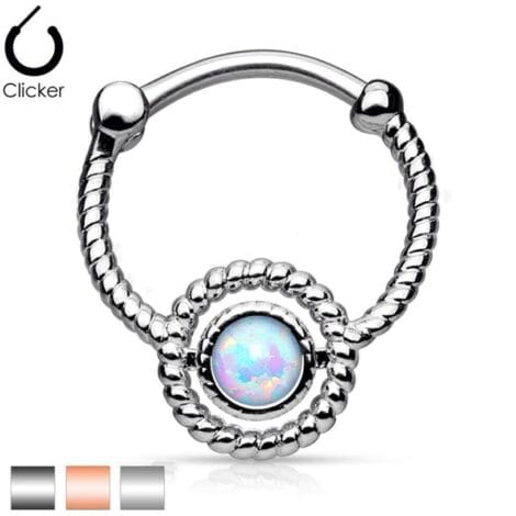 Septum Clicker Round Hinged Ring with Twisted Rope and Opal