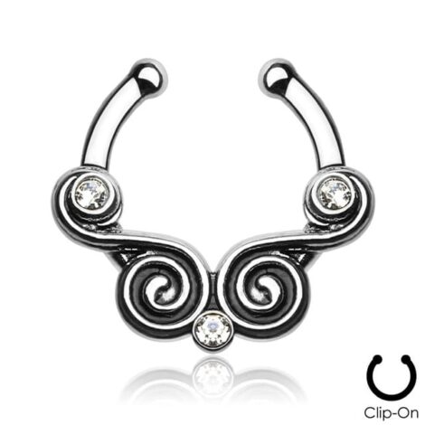 Septum Clip On Hanger with Tribal Swirls and Triple Gems - Image 2