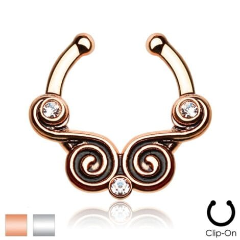 Septum Clip On Hanger with Tribal Swirls and Triple Gems