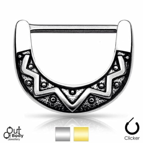 316L Steel Nipple Clicker with Antiqued Aztec Tribal Fan