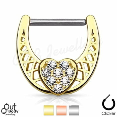 316L Steel Nipple Clicker Geometric Shield with CZ Paved Heart