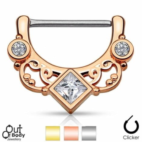 316L Steel Nipple Clicker with Square CZ Set Floral Fan