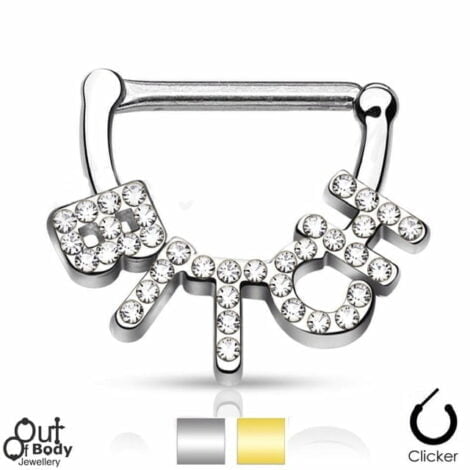 316L Steel Nipple Clicker Ring with Crystal Paved "Bitch"