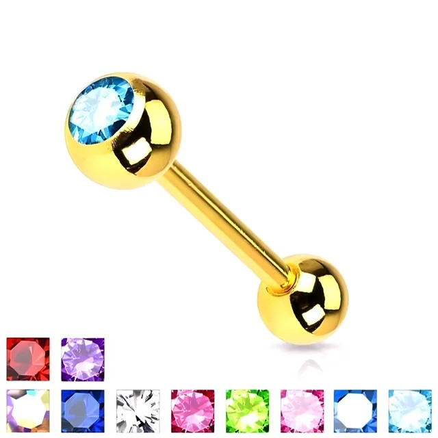 Tongue Barbell In Gold IP w/ Press Fit CZ Gem Ball