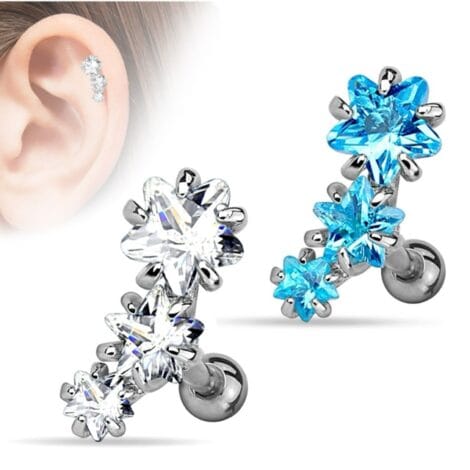 Prong Set Triple Row Star Barbell Cartilage Tragus Earring