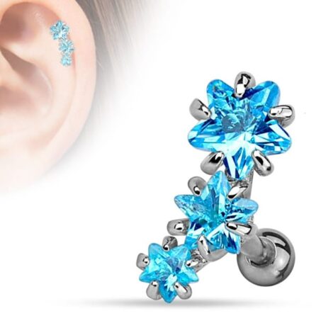 Prong Set Triple Row Star Barbell Cartilage Tragus Earring - Image 2
