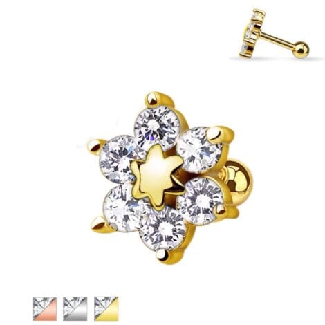 CZ Flower Top Barbell Plated in 14KT Gold Cartilage Earring