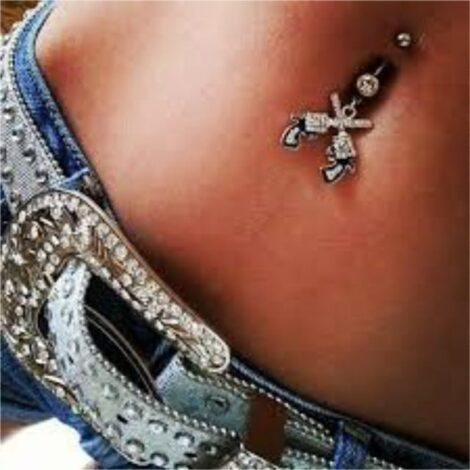 Western Crystal Paved Black Pistols Belly Ring - Image 2
