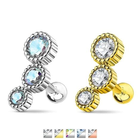 Cartilage Barbell Earring with Triple CZ Set Curved Top