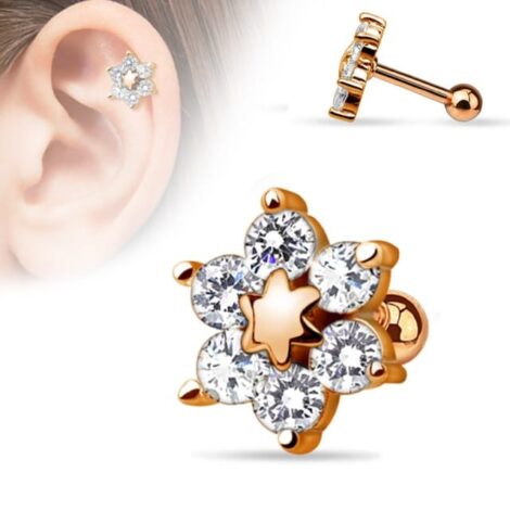 CZ Flower Top Barbell Plated in 14KT Gold Cartilage Earring - Image 2