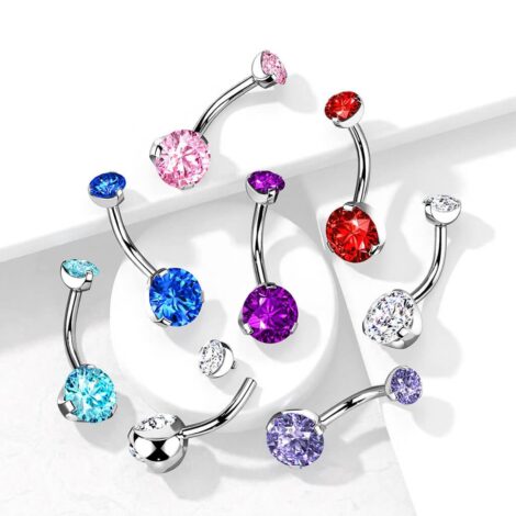 Double Round Prong Set CZ Internally Threaded Belly Ring - Image 2