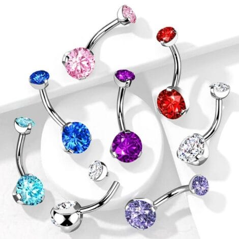 Double Round Prong Set CZ Internally Threaded Belly Ring