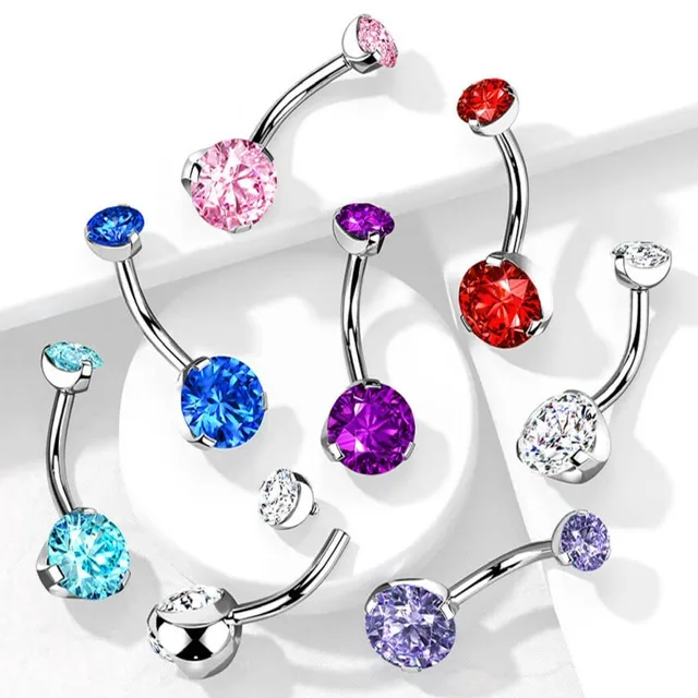 Double Round Prong Set CZ Internally Threaded Belly Ring