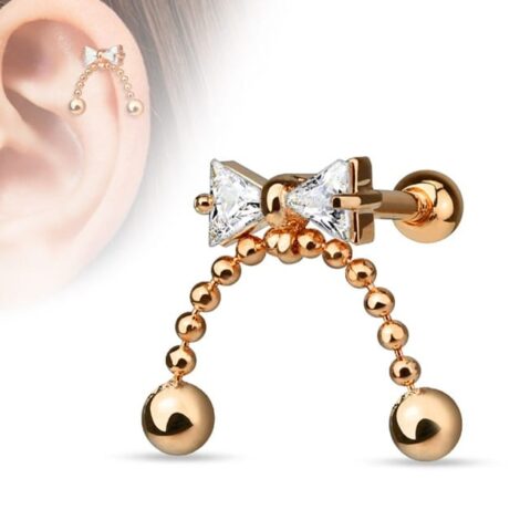 Cartilage Tragus Barbell with CZ Ribbon Top with Chain Dangle - Image 3