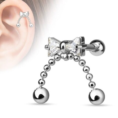 Cartilage Tragus Barbell with CZ Ribbon Top with Chain Dangle - Image 2