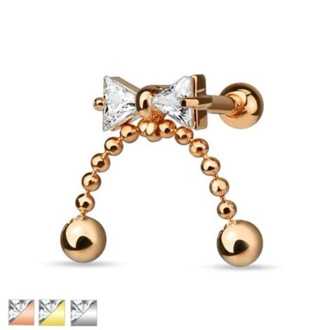 Cartilage Tragus Barbell with CZ Ribbon Top with Chain Dangle