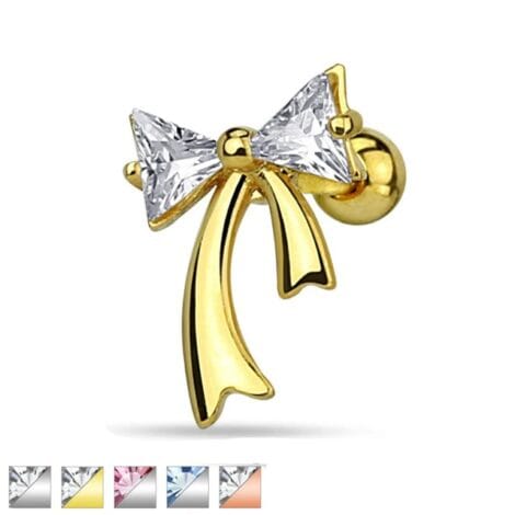 Cartilage Tragus Barbell with CZ Triangle Bow and Ribbons