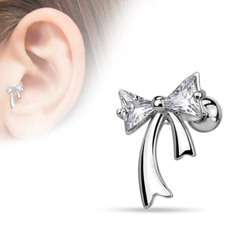 Cartilage Tragus Barbell with CZ Triangle Bow and Ribbons - Image 4