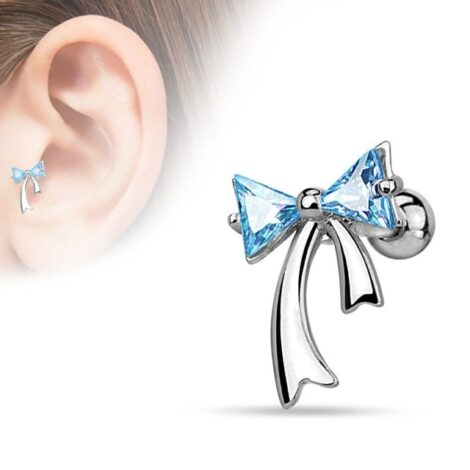 Cartilage Tragus Barbell with CZ Triangle Bow and Ribbons - Image 3