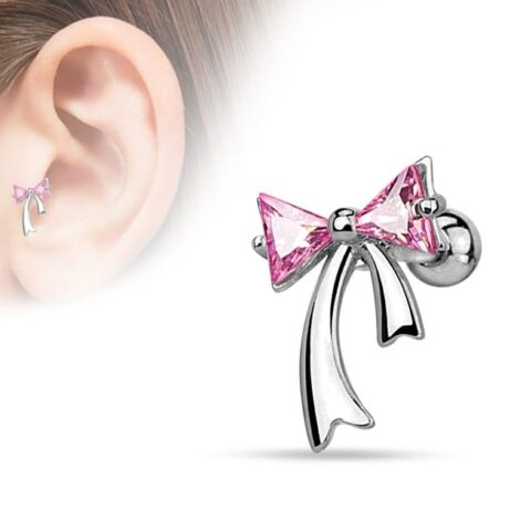Cartilage Tragus Barbell with CZ Triangle Bow and Ribbons - Image 2