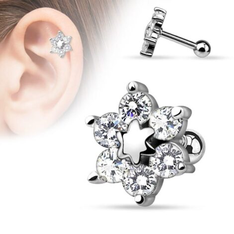 CZ Flower Top Barbell Plated in 14KT Gold Cartilage Earring - Image 3