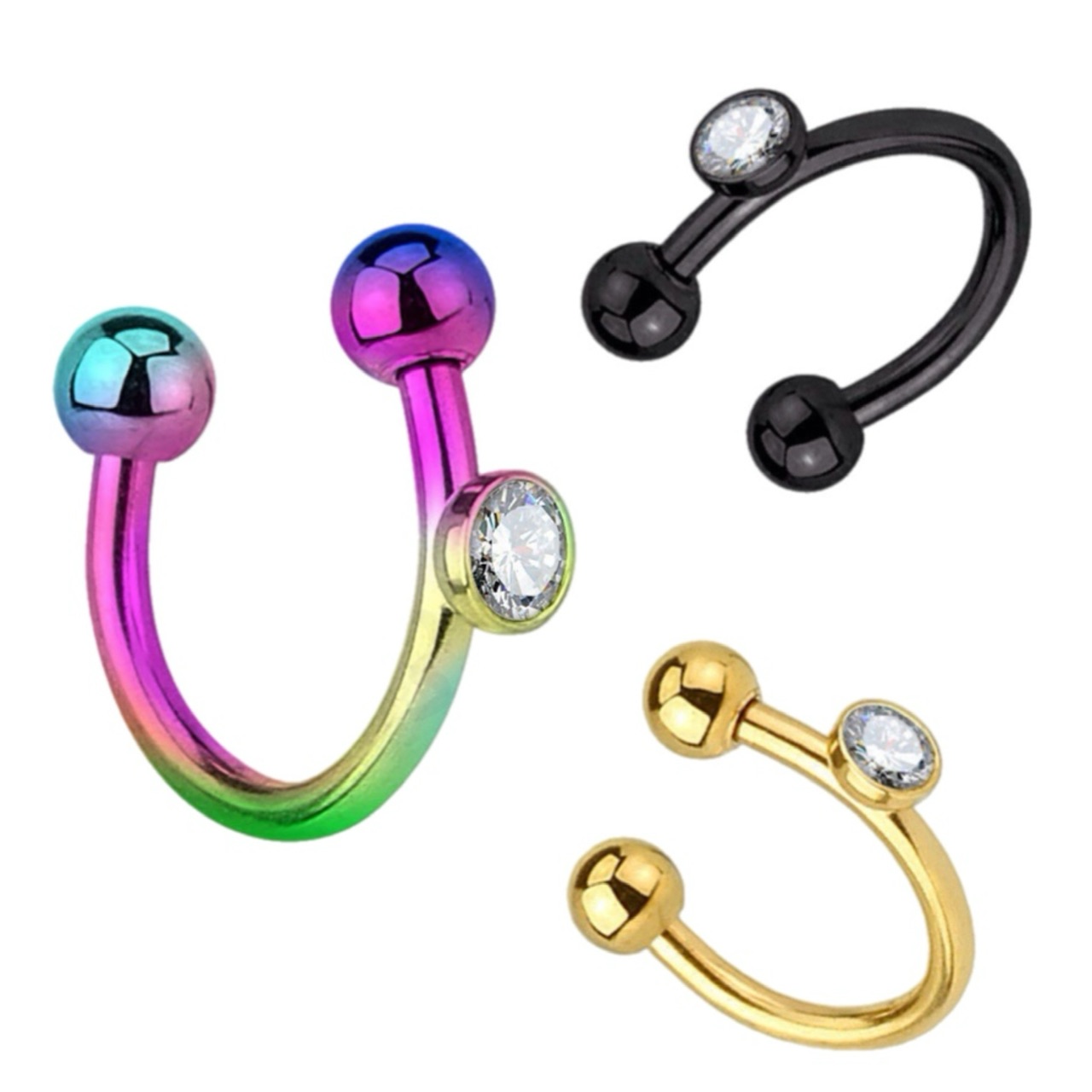 Horseshoe Circular Barbell with Balls, Side Crystal Cartilage Earring - Image 3