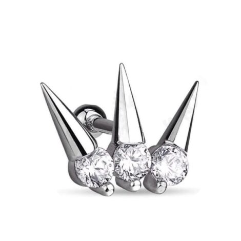 Triple CZ Set Spike Top Barbell Stud, Cartilage Earring - Image 1