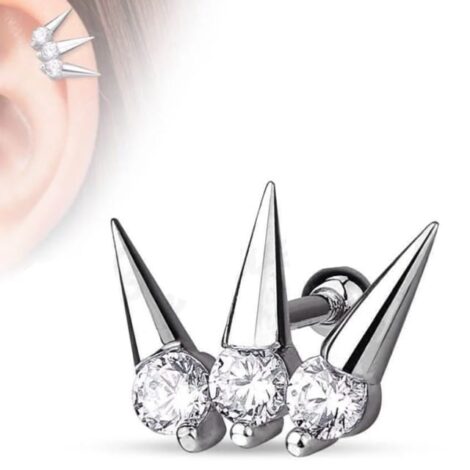 Triple CZ Set Spike Top Barbell Stud, Cartilage Earring - Image 2