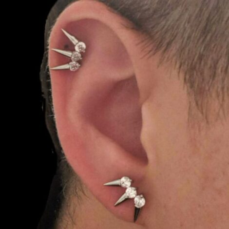 Triple CZ Set Spike Top Barbell Stud, Cartilage Earring - Image 3
