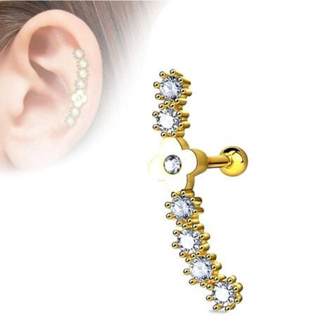 CZ Lined Gold Flower Top Barbell, Cartilage Earring