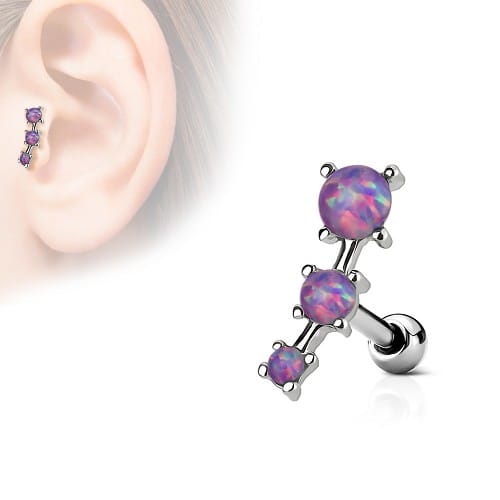 3 Opal Set Curved Top Barbell Cartilage Tragus Earring