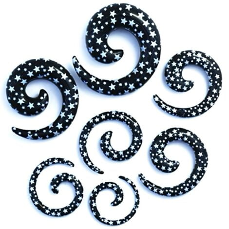 Acrylic Spiral Taper Pairs in Black With White Star Print