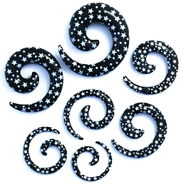 Acrylic Spiral Taper Pairs in Black With White Star Print