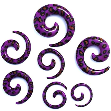 Acrylic Spiral Taper Pairs in Purple W/ Leopard Print